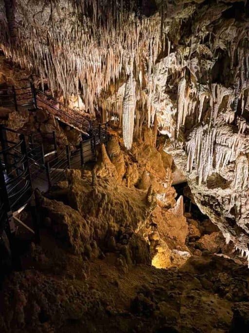 The interior of Ngilgi Cave, featuring impressive stalactites hanging from the ceiling and a well-lit pathway for visitors. This image showcases the stunning natural formations inside Ngilgi Cave, enhancing the post's discussion on whether Ngilgi Cave is worth visiting.