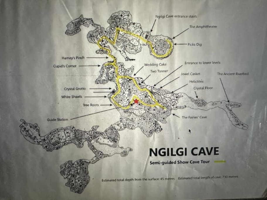 A detailed map of Ngilgi Cave, showing various features and pathways within the cave. This image serves as a Ngilgi Cave map, providing valuable information for visitors navigating the cave.