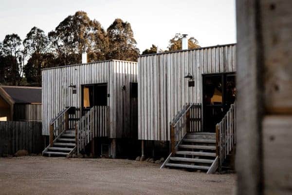 The exterior of a sophisticated corrugated metal cabin near Derby, capturing the essence of luxury with its stylish design and welcoming wooden stairs, set against a backdrop of native trees that enhance the serene retreat experience.