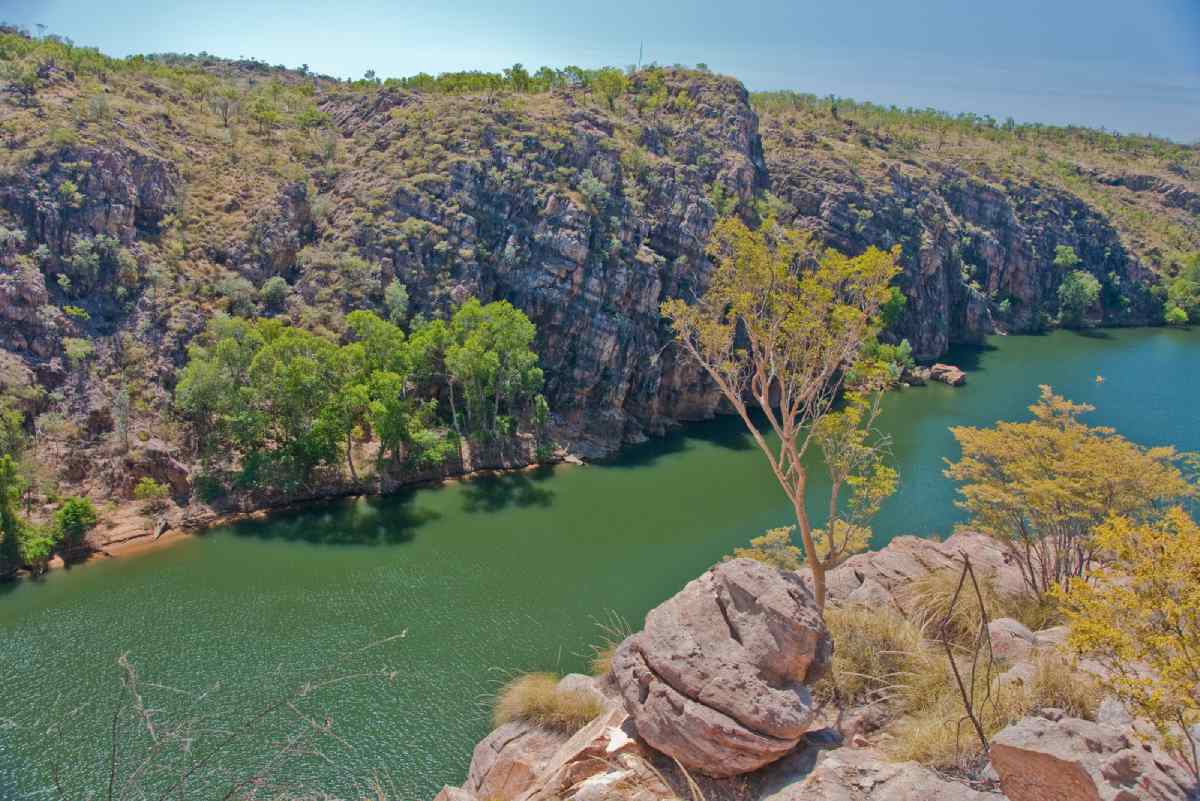 A breathtaking view of Katherine Gorge in Nitmiluk National Park, featuring towering rock cliffs, lush greenery, and the winding river below. Exploring this stunning landscape by boat or hiking along its rugged trails is one of the most epic experiences in the Northern Territory, offering an unforgettable connection to the region’s natural beauty and Indigenous heritage.