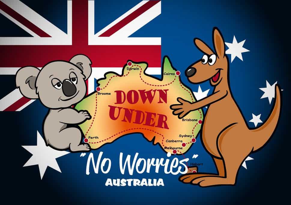 a cartoon koala and kangaroo standing on either side of an illustrated map of Australia, with the phrase "Down Under". Below the map, the Aussie slang phrases "No Worries Australia" is written, reflecting the laid-back Aussie attitude.