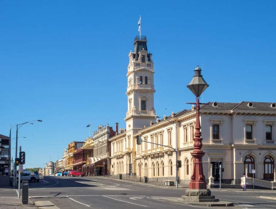 Lydiard Street in Ballarat with its historic architecture and wide streets under clear blue skies, reflecting the charm and lifestyle appeal often considered when moving to Ballarat.