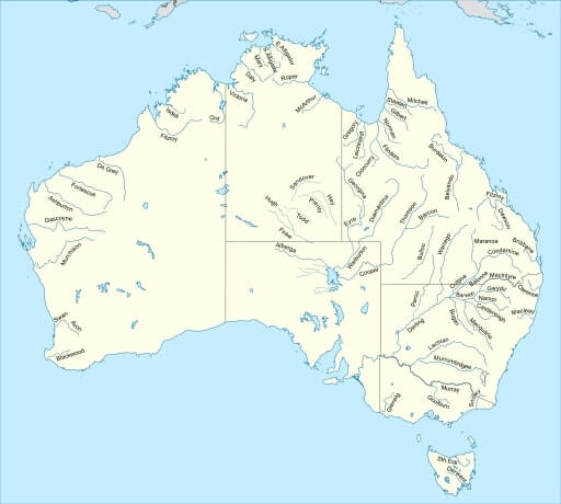Map highlighting the extensive network of rivers across Australia, detailing the geographical spread in relation to the blog post about the number of rivers in Australia.