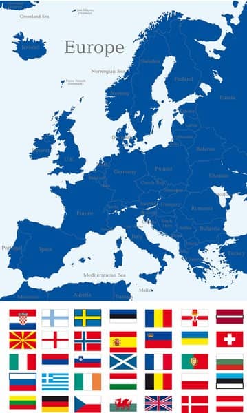 Map of Europe with flags of various European countries displayed, highlighting the distinct nations that make up Europe in contrast to the question 'Is Australia Part of Europe?'