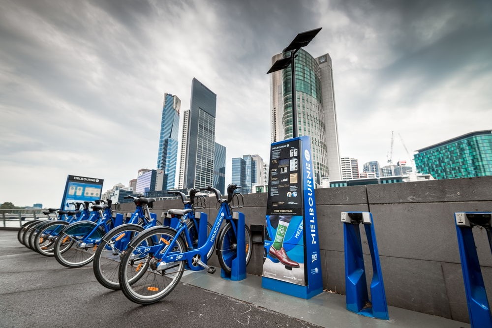 Bike share station in CBD area. People can hire bikes and explore the city
