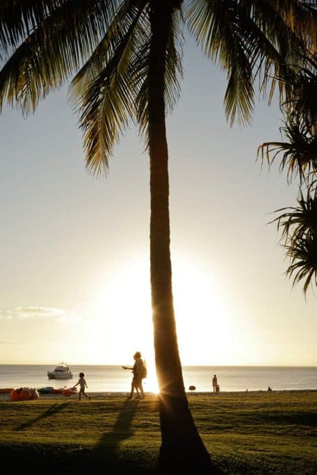 Silhouette of a palm tree and people walking along the beach during sunset at Moreton Bay, with a boat anchored offshore. This image showcases Moreton Bay as one of the stunning sunset locations in Australia.