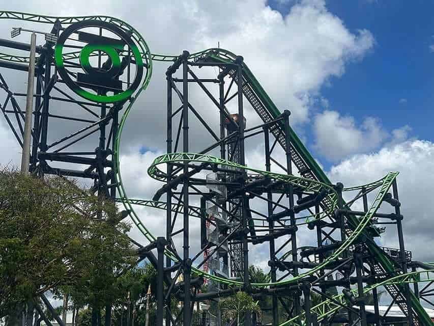 The thrilling Green Lantern roller coaster at Movie World, a highlight for thrill-seekers on a Gold Coast theme park itinerary.