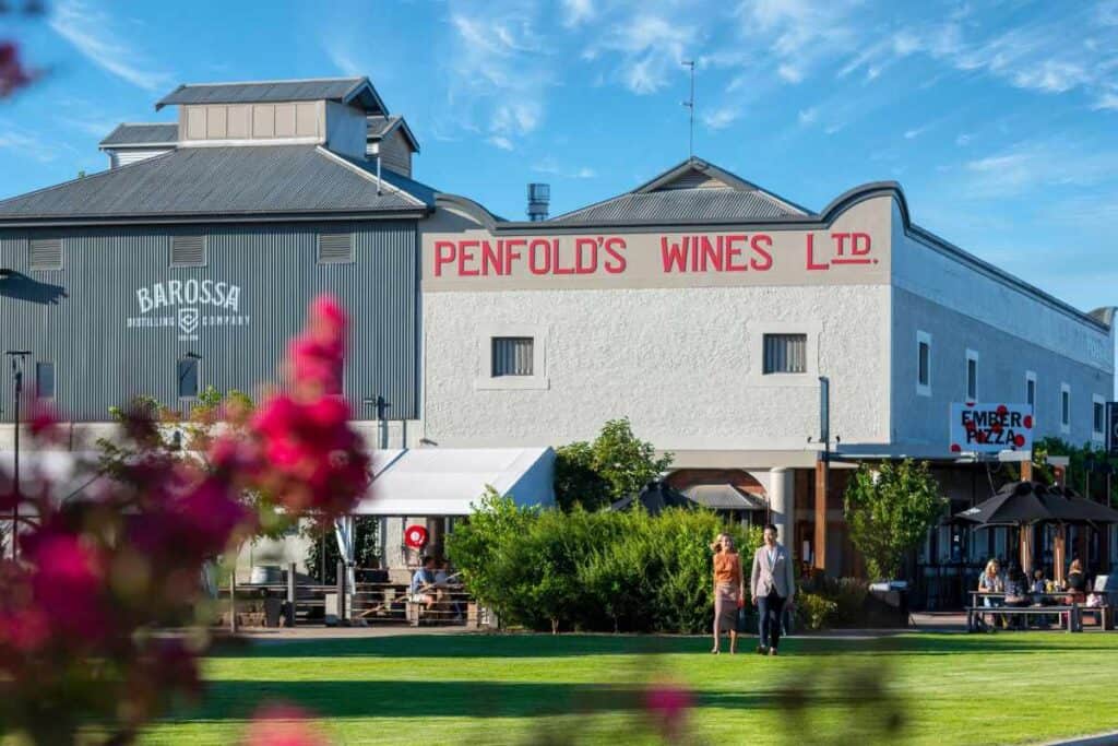 Exterior view of Penfolds Wines Ltd. and Barossa Distilling Company at Barossa Valley, highlighting the iconic winery and distillery known for producing renowned Barossa Valley wines and spirits.