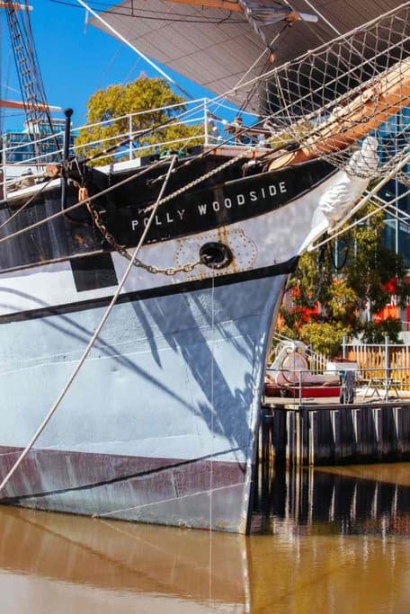 Polly Woodside, a restored 19th-century tall ship docked in Melbourne, highlighting maritime heritage and historical attractions in Victoria.