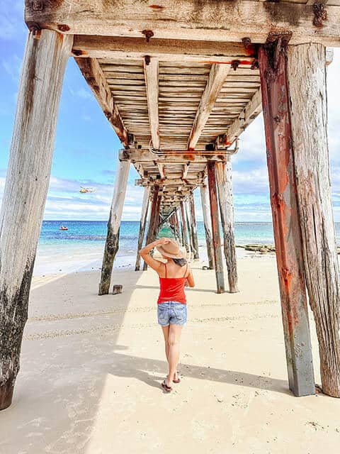 Kate under the jetty at Port Noarlunga in South Australia
