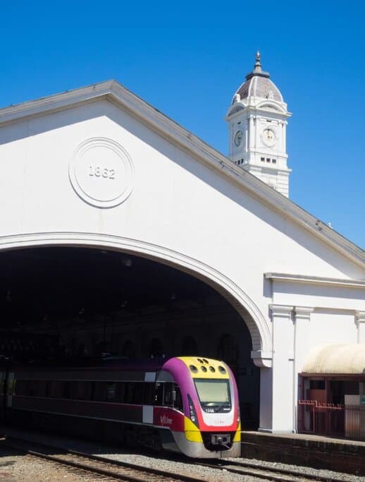 V/Line train at the historic Ballarat Railway Station, highlighting the city’s regional connectivity—something to consider when looking at the lifestyle benefits of moving to Ballarat.