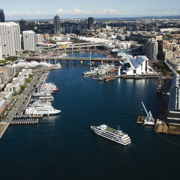 aerial view of the ships and boats in darling harbour