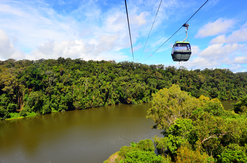 Skyrail Rainforest Cableway, a 7.5 kilometre scenic cableway running above the Barron Gorge National Park a World Heritage in the Wet Tropics of Queensland, Australia.