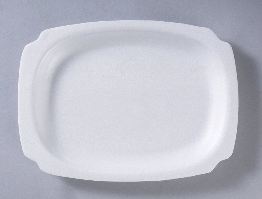 A white Styrofoam plate on a grey background. The image relates to the discussion about avoiding Styrofoam products when packing for Australia, as they contribute to environmental waste and are strongly discouraged due to sustainability concerns.
