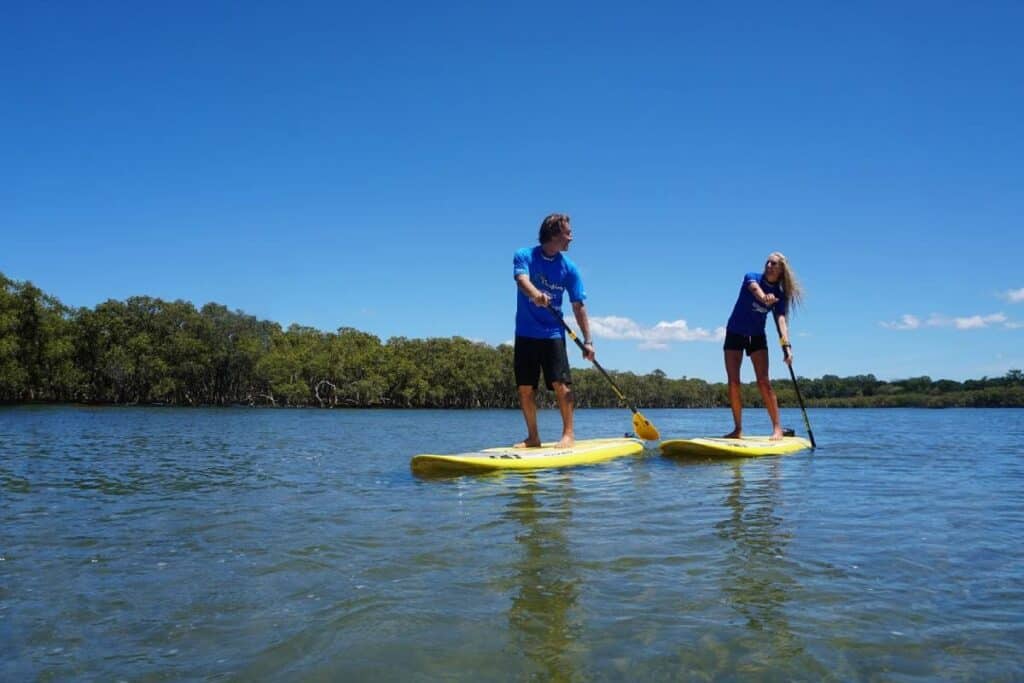 Two people enjoying a stand-up paddleboarding session on calm waters with lush greenery in the background, capturing the relaxed and fun experience of paddleboarding in Byron Bay.