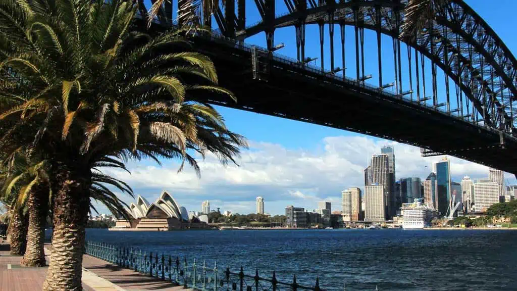 View of the Sydney Harbour Bridge and Sydney Opera House with the city skyline in the background, highlighting iconic landmarks on a private tour of Sydney.