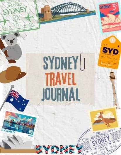 Cover of the Sydney Travel Journal featuring various travel-themed illustrations. The design includes iconic Sydney elements like the Harbour Bridge and a koala, along with travel stamps, an Australian flag, a hat, and postcards. The title "Sydney Travel Journal" is prominently displayed in the centre against a textured background, surrounded by colourful travel accents and stickers.