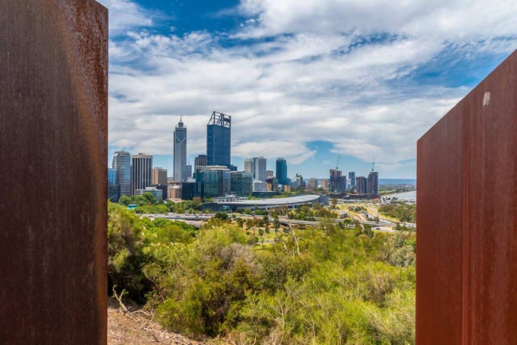 View of downtown Perth from the Bali Memorial in Kings Park, offering a striking perspective of the city's skyline amidst natural surroundings. This image highlights one of Perth's iconic viewpoints, further showcasing why Perth is worth visiting for its mix of urban and outdoor attractions.