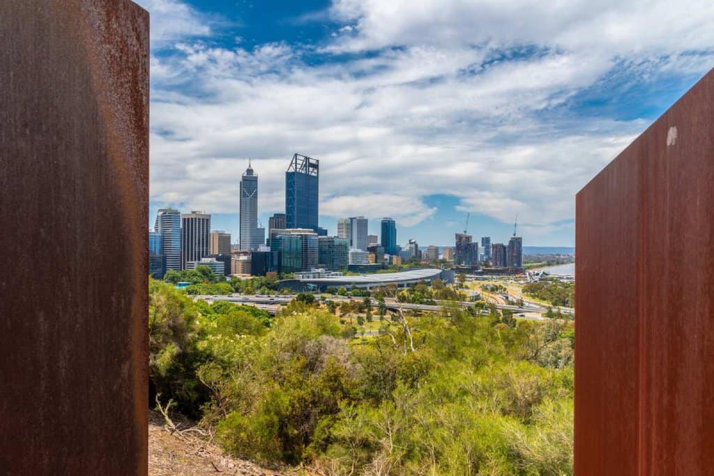 View of downtown Perth from the Bali Memorial in Kings Park, offering a striking perspective of the city's skyline amidst natural surroundings. This image highlights one of Perth's iconic viewpoints, further showcasing why Perth is worth visiting for its mix of urban and outdoor attractions.