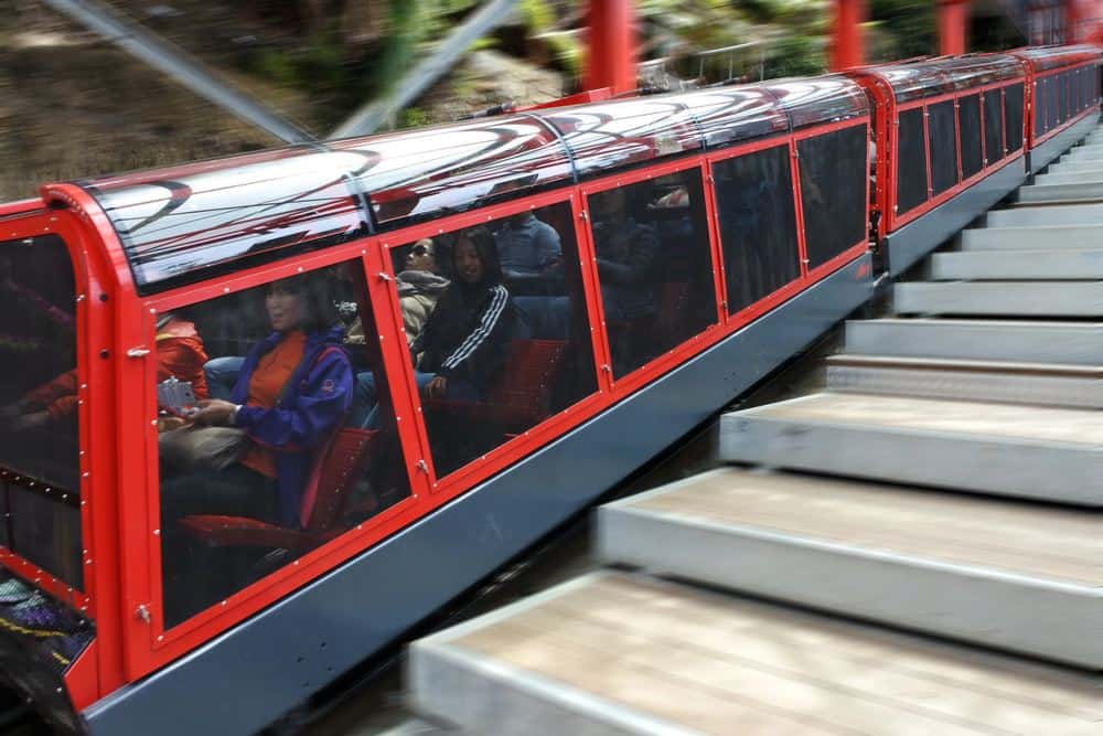 Side view of the Blue Mountains Scenic Railway carriage with passengers seated, ascending a steep incline. Captures a key detail for the blog post titled 'Blue Mountains Scenic Railway Guide'.