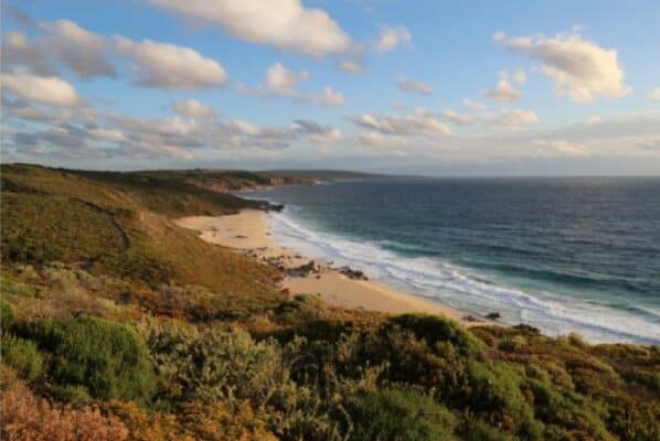 View of a scenic walking trail along the coastline near Cape Naturaliste, inviting visitors to enjoy the scenic walking trails with lush greenery and a panoramic ocean view.