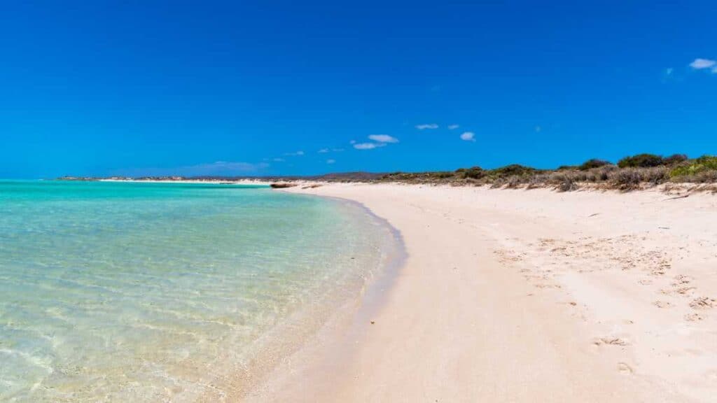 Turquoise Bay's crystal-clear waters gently lap against its soft, sandy shore, epitomising the idyllic and pristine nature of Western Australia's coastline under a bright blue sky.