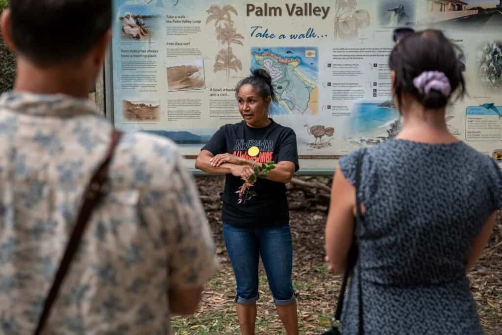 An Aboriginal guide leading a cultural tour at Palm Valley in Byron Bay, sharing stories and knowledge with a group, offering an immersive experience in Aboriginal culture and history.
