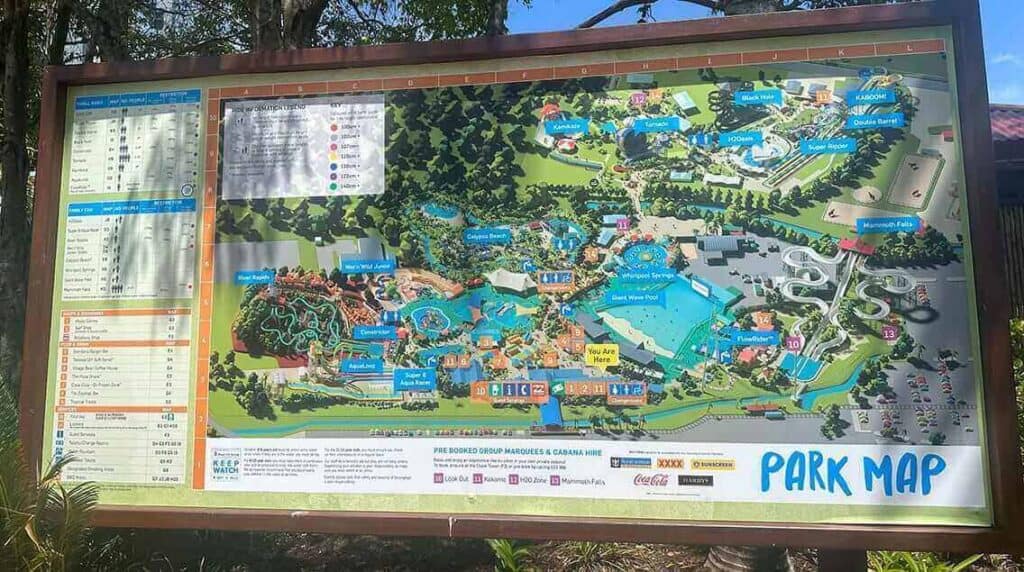 A detailed map of Wet'n'Wild Gold Coast, showcasing various attractions and rides, central to planning the visit as described in our comprehensive park review.