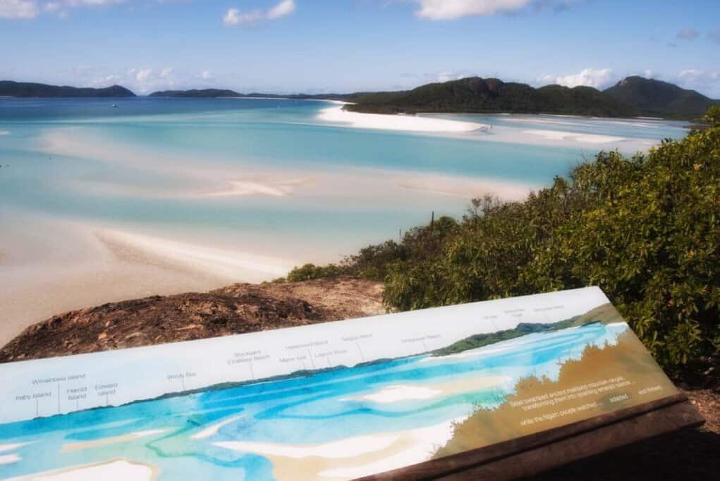 View of the stunning Whitehaven Beach with its swirling turquoise waters and pristine white sand, captured on a clear day. This image highlights the natural beauty of Australia in summer, showcasing a popular destination for beach lovers and tourists exploring the Whitsundays.