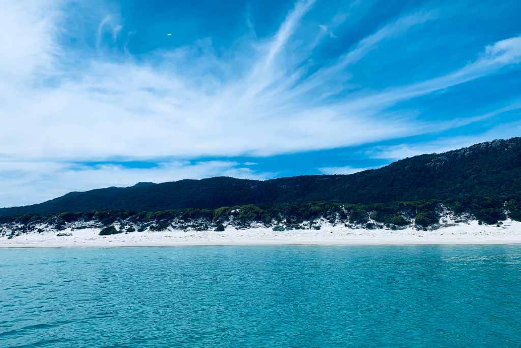 The white sand at Wineglass Bay in Freycinet
