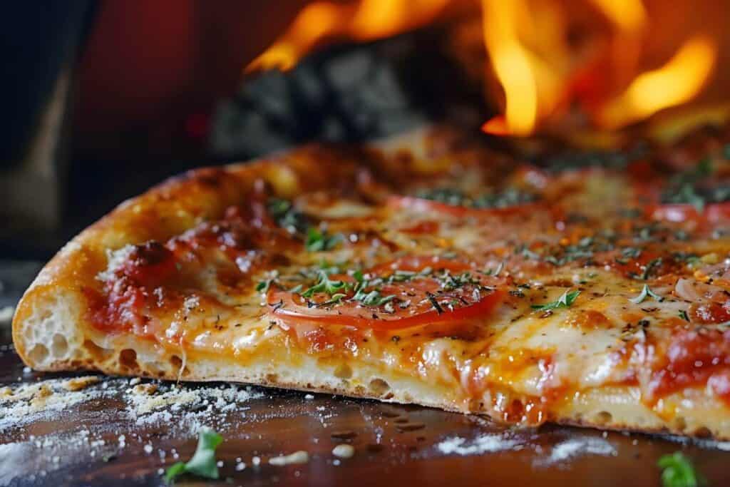 Close-up of a wood-fired pizza with fresh tomato slices, melted cheese, and herbs, served hot with a perfectly crisp crust at SBCC in Port Stephens. This pizza reflects the restaurant's emphasis on quality ingredients and traditional cooking techniques, making it a favourite spot for casual dining among the best restaurants in Port Stephens.