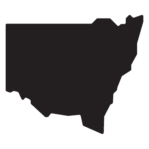 Silhouette outline map of New South Wales on a plain background, for use in an Australia travel guide.