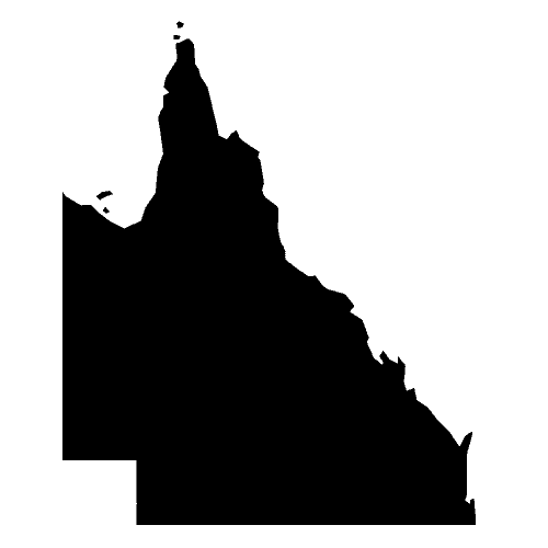 Silhouette outline map of Queensland on a plain background, suitable for inclusion in an Australia travel guide.
