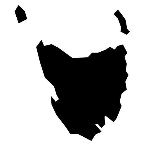 Silhouette outline map of Tasmania and surrounding islets on a plain background, ideal for resources that explore Australia.