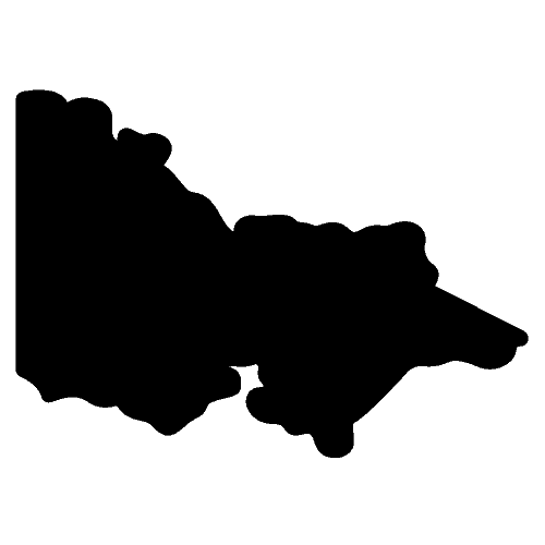 Silhouette outline map of Victoria on a plain background, designed for use in a Victoria travel guide.