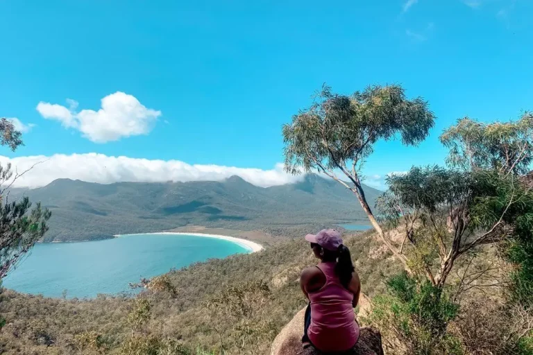 Overlooking wineglass bay at Freycinet national Park in Tasmania